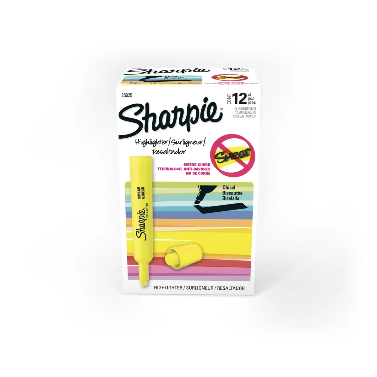 A pack of twelve yellow chisel-tip highlighters with wide barrels
