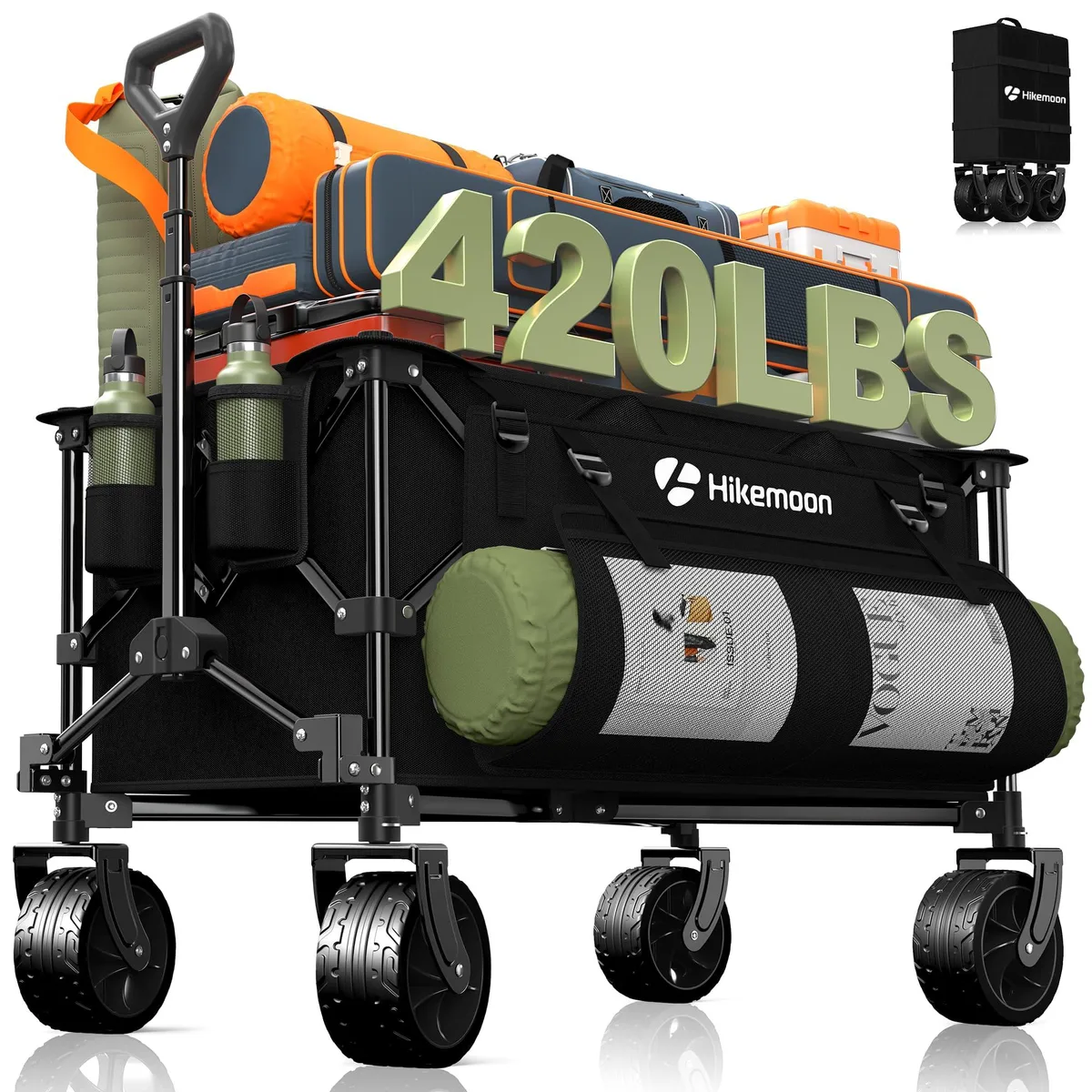 Black collapsible wagon with large all-terrain wheels and fabric body