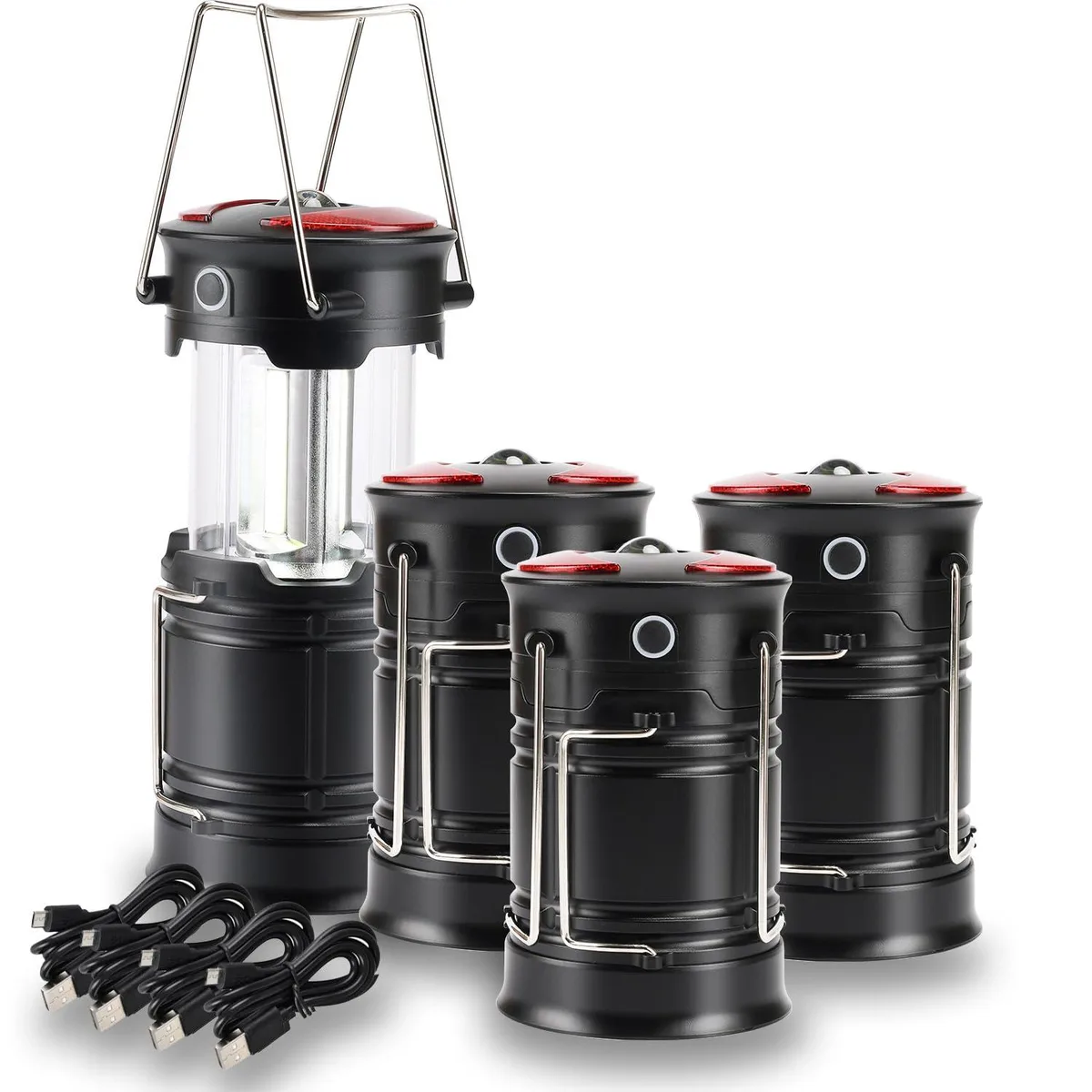 Four black collapsible lantern flashlights with foldaway handles and magnetic bases