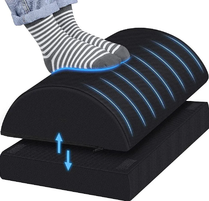 Black rectangular foot rest with removable washable cover and two adjustable foam layers