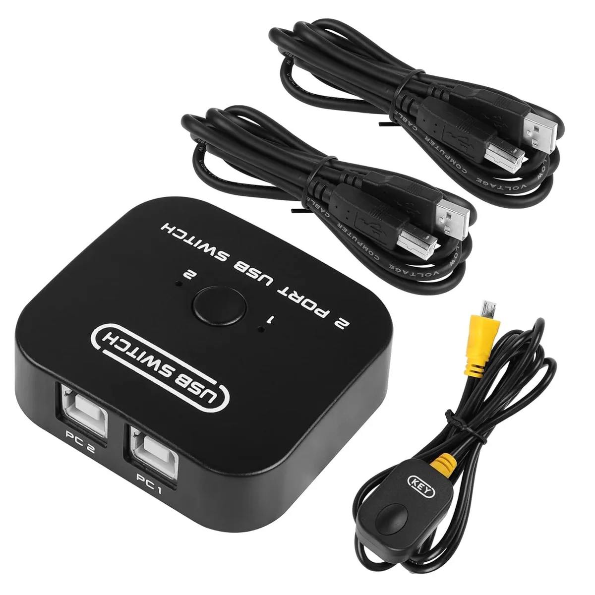 Small black KVM switch box with 1.5m wired desktop controller button