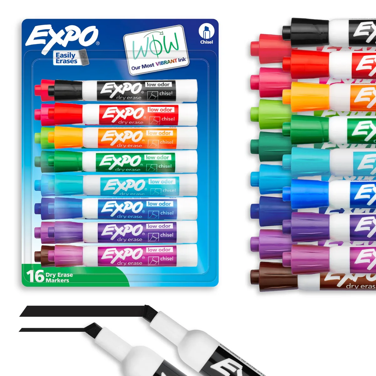 Pack of sixteen dry-erase markers, chisel tips, assorted colours