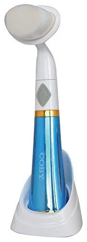Blue handheld facial cleansing brush with soft bristle head