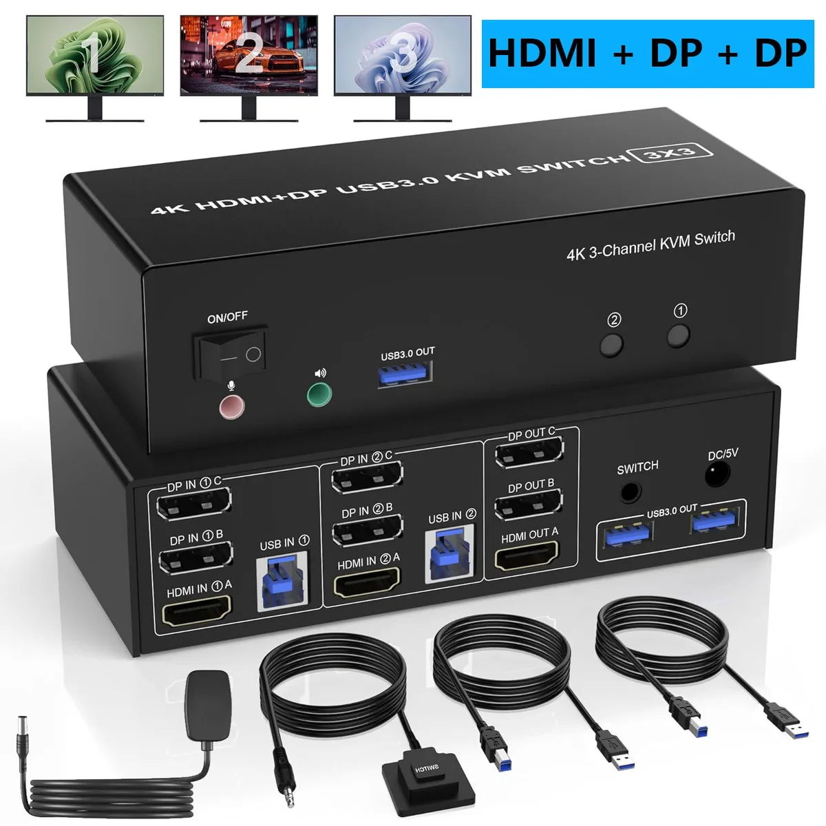 Hitoor Hitoor USB 3.0 HDMI + 2 DisplayPort KVM Switch 2 Computers 3 Monitors 4K@60Hz — product photo