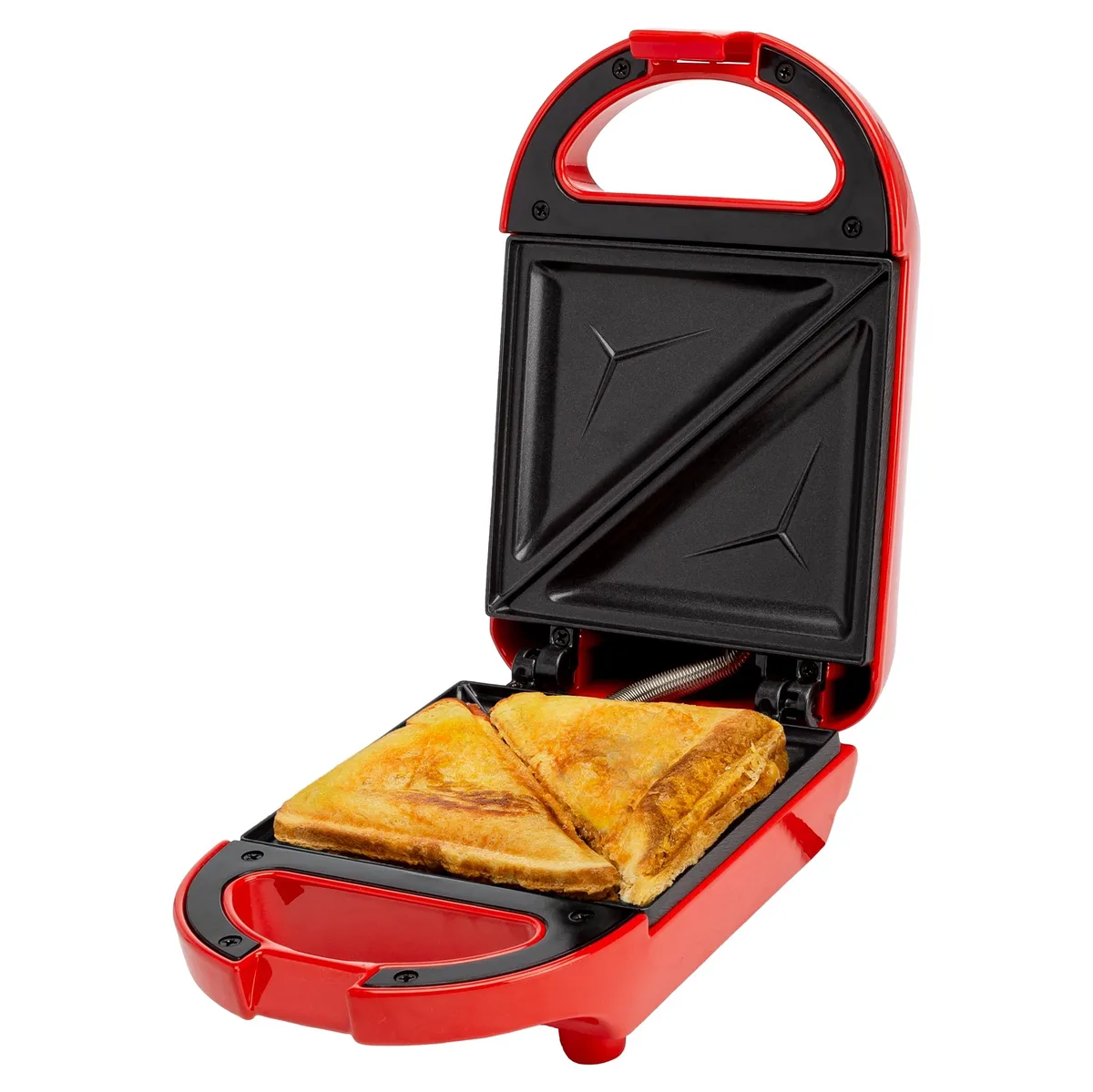 Compact red mini sandwich maker with dual non-stick plates, 600W, 4.75 by 4.5 inch cooking surface
