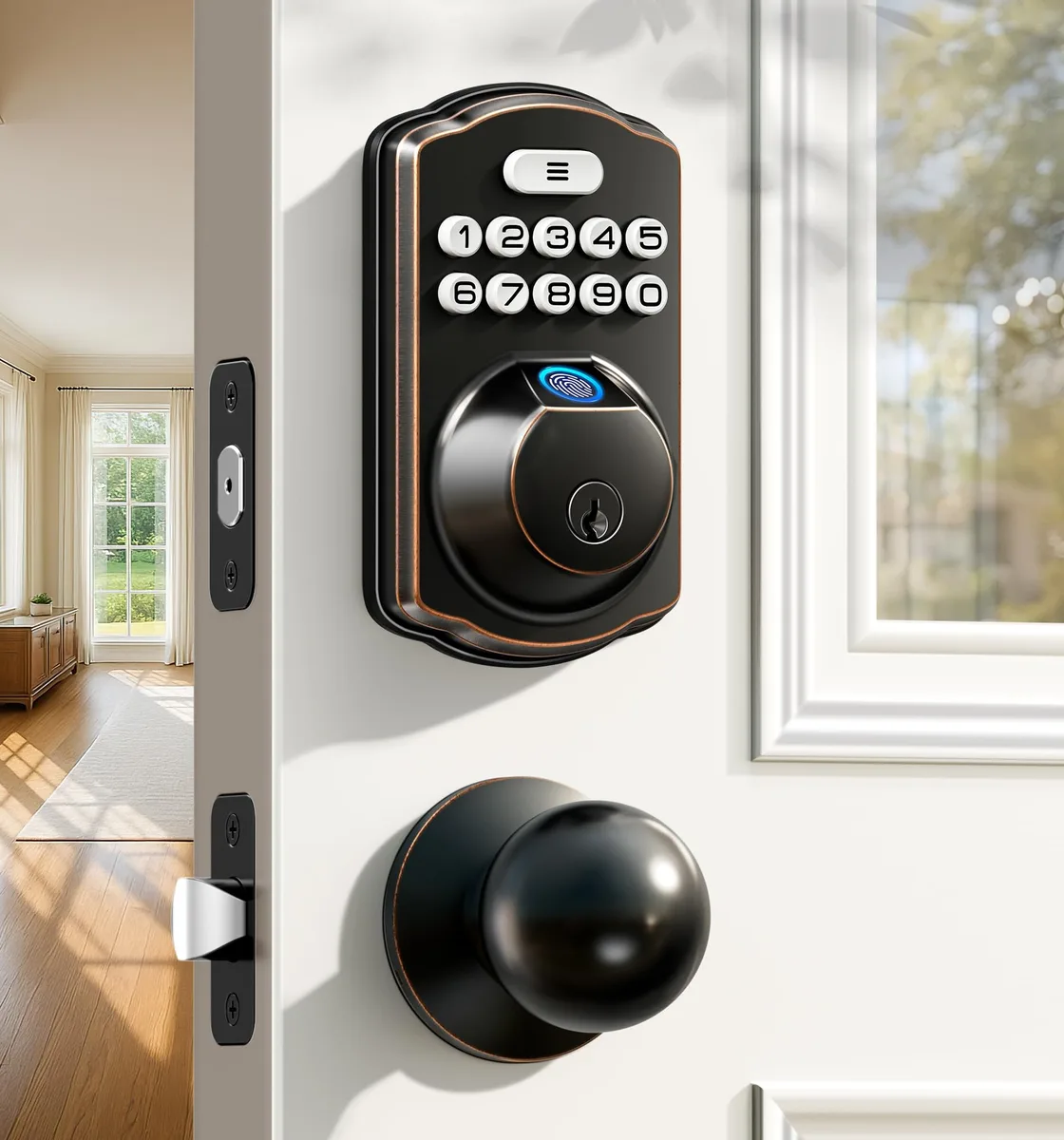 Oil-rubbed bronze smart door lock with two knobs, keypad and fingerprint reader
