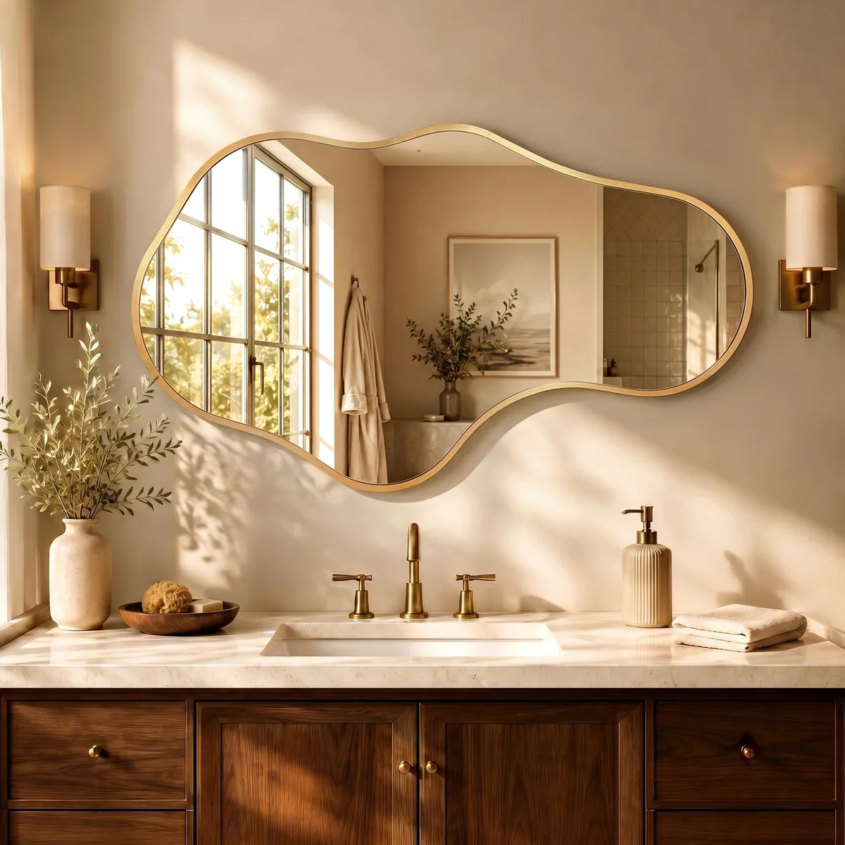 Irregular gold aluminium mirror, 22 by 36 inches, cloud-like shape, brushed finish