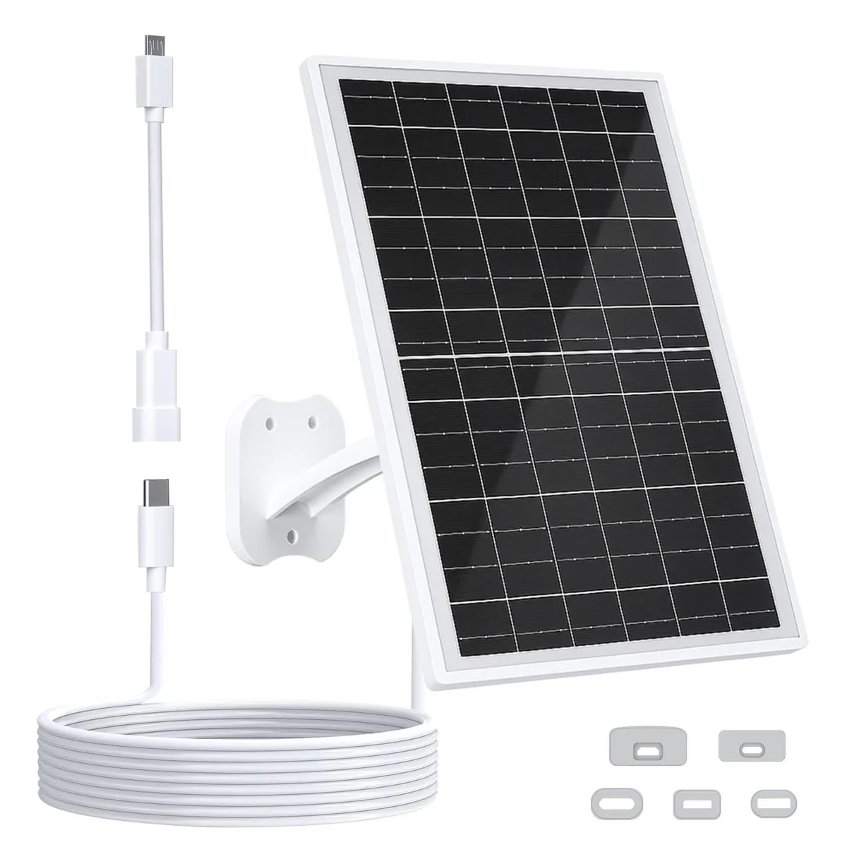 White rectangular solar panel, thin profile, with adjustable mount and cable