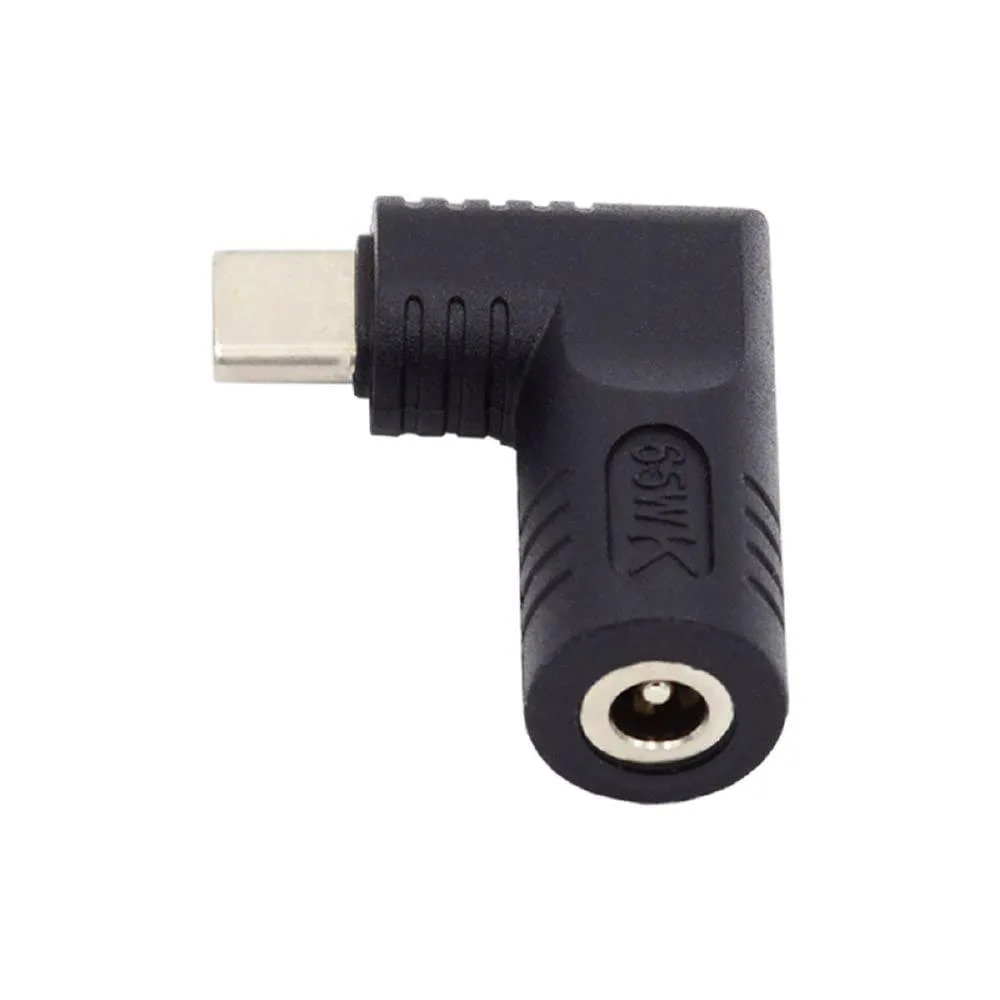 Black right-angled adapter with 4.0x1.7mm DC jack to USB-C plug
