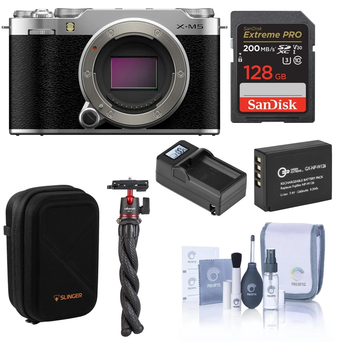 Silver Fujifilm X-M5 mirrorless camera bundle with tripod, memory card, extra battery
