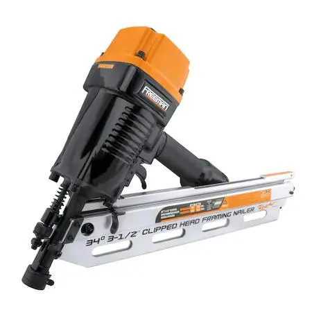 Silver pneumatic framing nailer with angled magazine and rubber grip