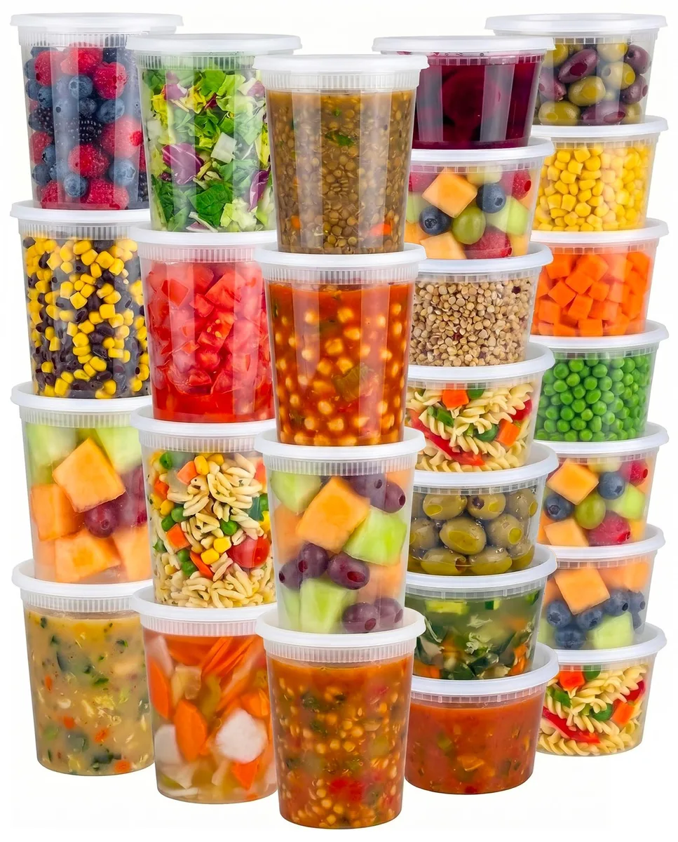 Clear round plastic deli containers with snap lids, 48 pieces mixed 16oz and 32oz