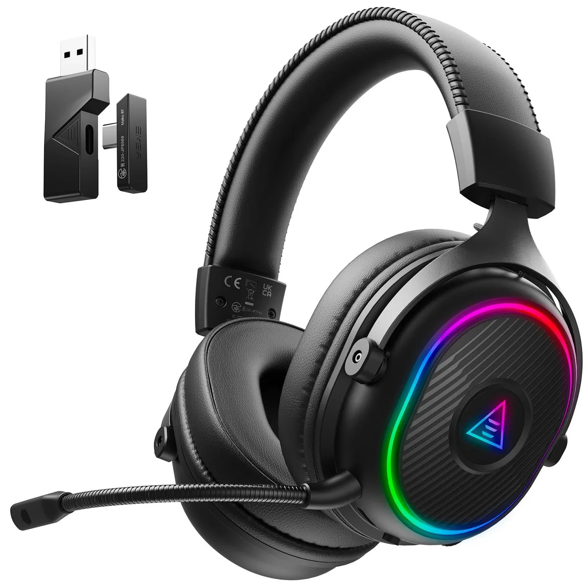 Black over-ear gaming headset with flexible boom mic and RGB lighting