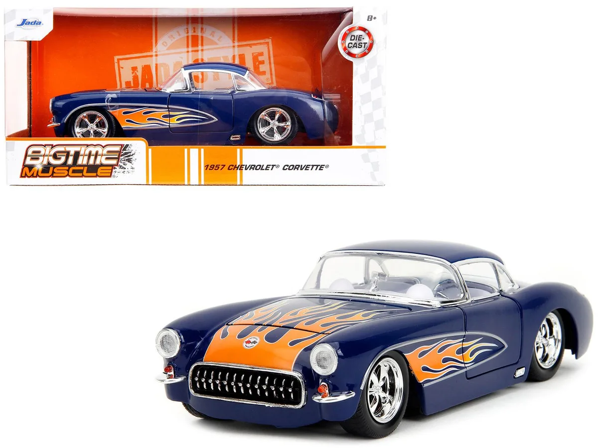 Jada Jada 1957 Chevrolet Corvette 1/24 Diecast Dark Blue Flame Graphics White Interior Bigtime Muscle — product photo