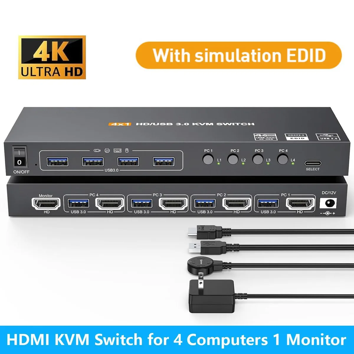 WRIARICH WRIARICH KVM401A 4-Port HDMI KVM Switch USB 3.0 4K@60Hz 2K@120Hz — product photo