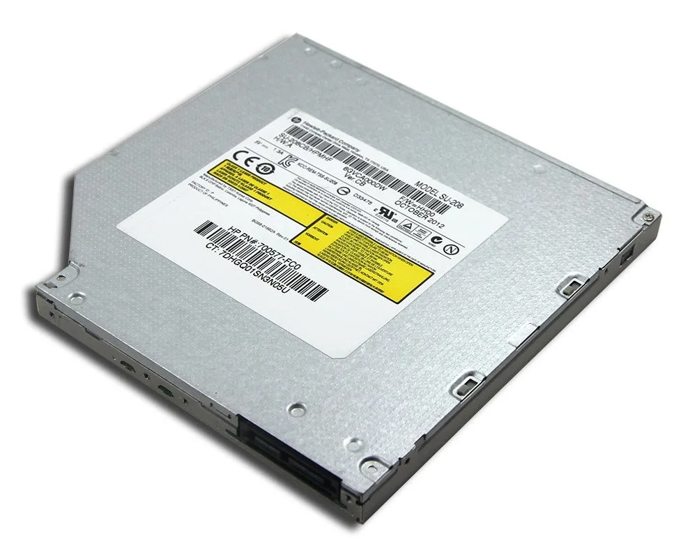Silver tray-loading DVD burner, aluminium finish, 128 by 9.5 by 129 mm