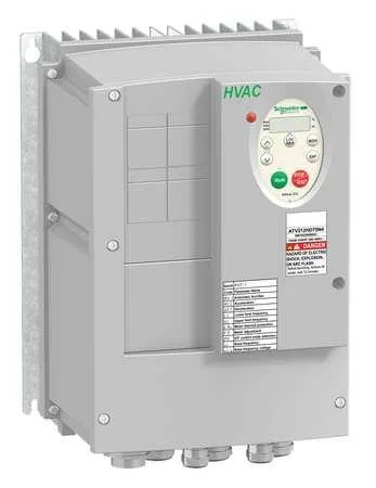 Black rectangular Schneider Electric variable frequency drive unit with front panel controls and display