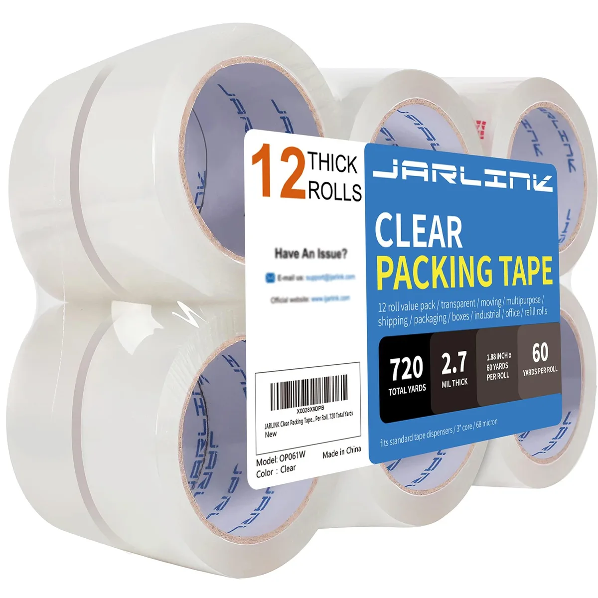  JARLINK OP061W Clear Packing Tape 12 Rolls 2.7mil 1.88in 60yd — product photo