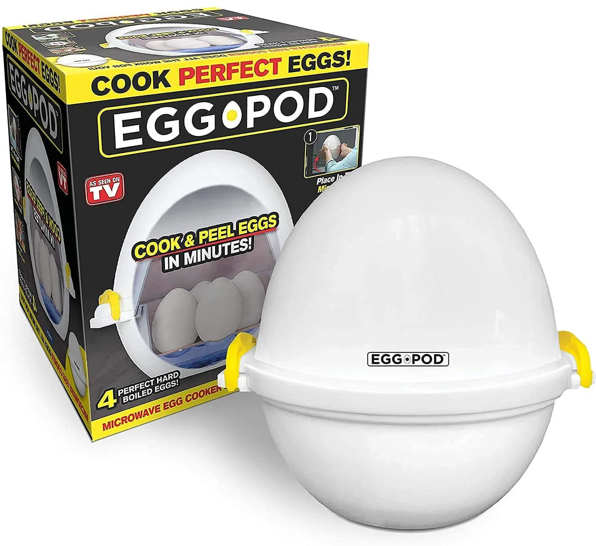 White plastic egg-shaped microwave steamer with yellow lid, side locking clips and included measuring cup