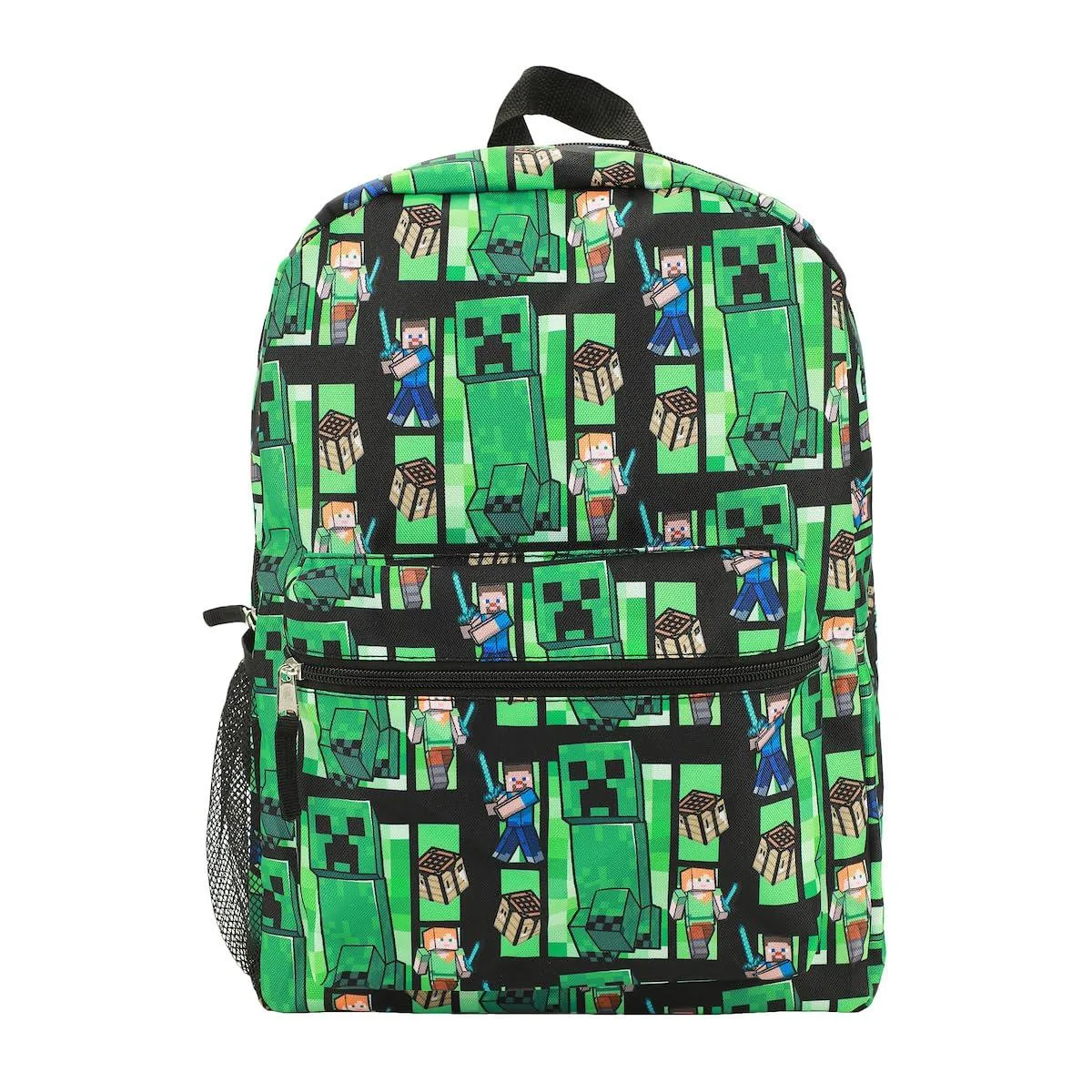 Green polyester backpack with all-over Creeper print, 18 inches tall, padded straps, front zip pocket