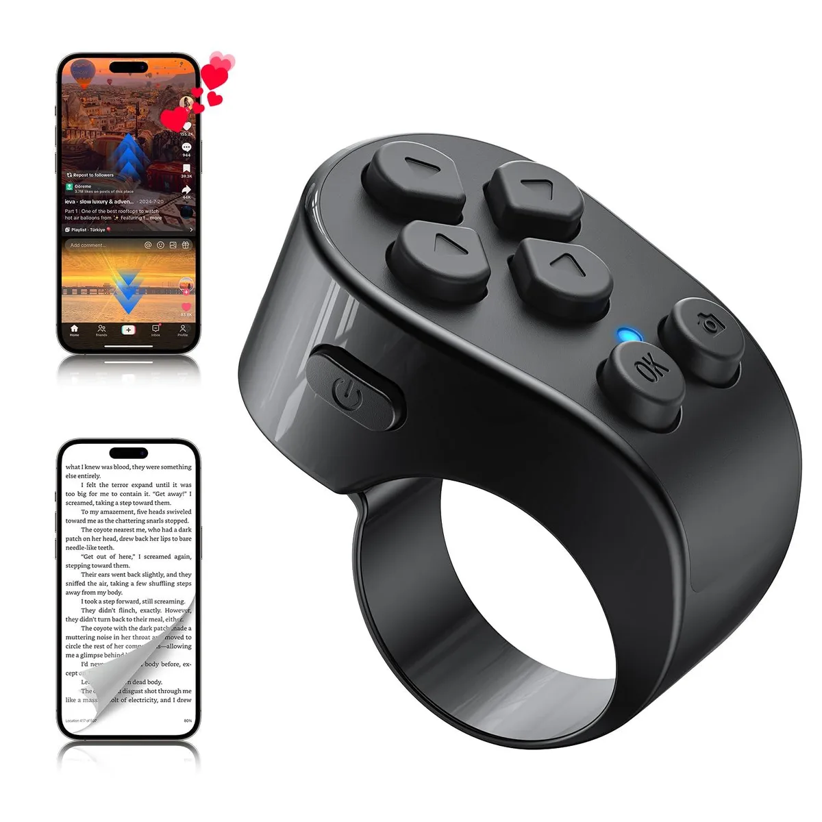 A small black plastic ring remote worn on a finger
