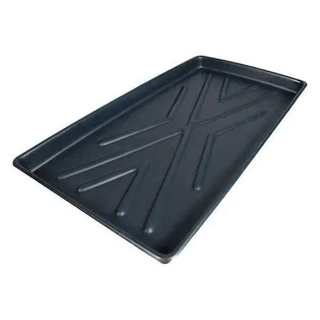Black rectangular polyethylene spill tray with low side walls and flat base