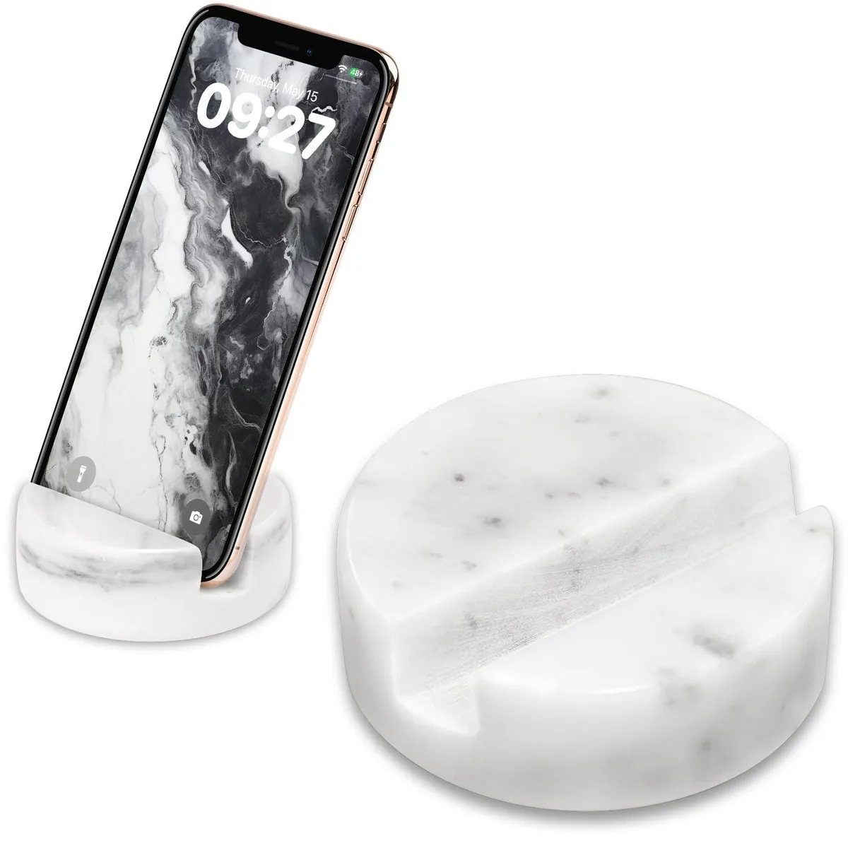 White marble circular phone stand, 3.15 inches diameter, 1.2 inches high