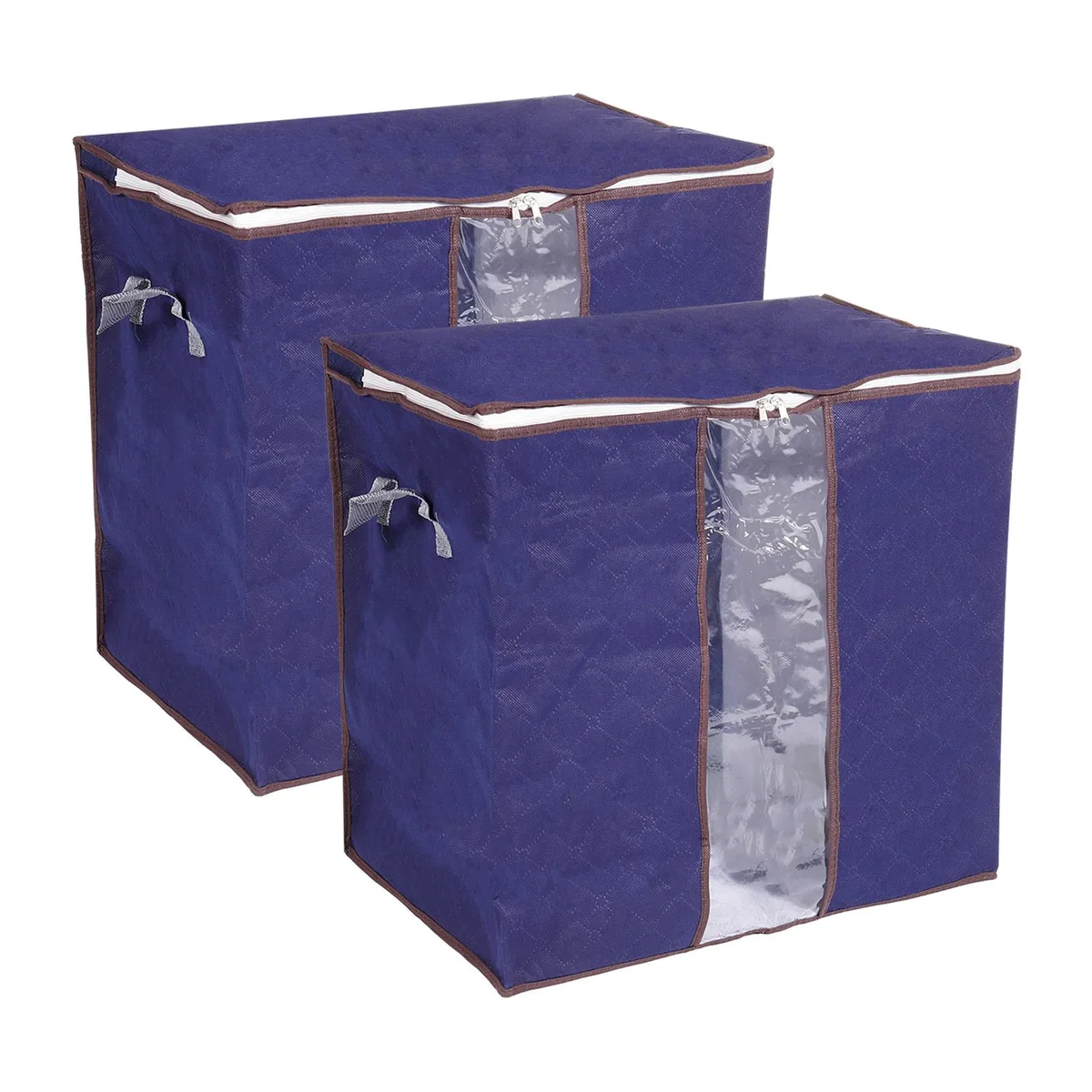 Two grey rectangular fabric storage bins with clear front windows, reinforced handles and two-way zippers, shown folded flat