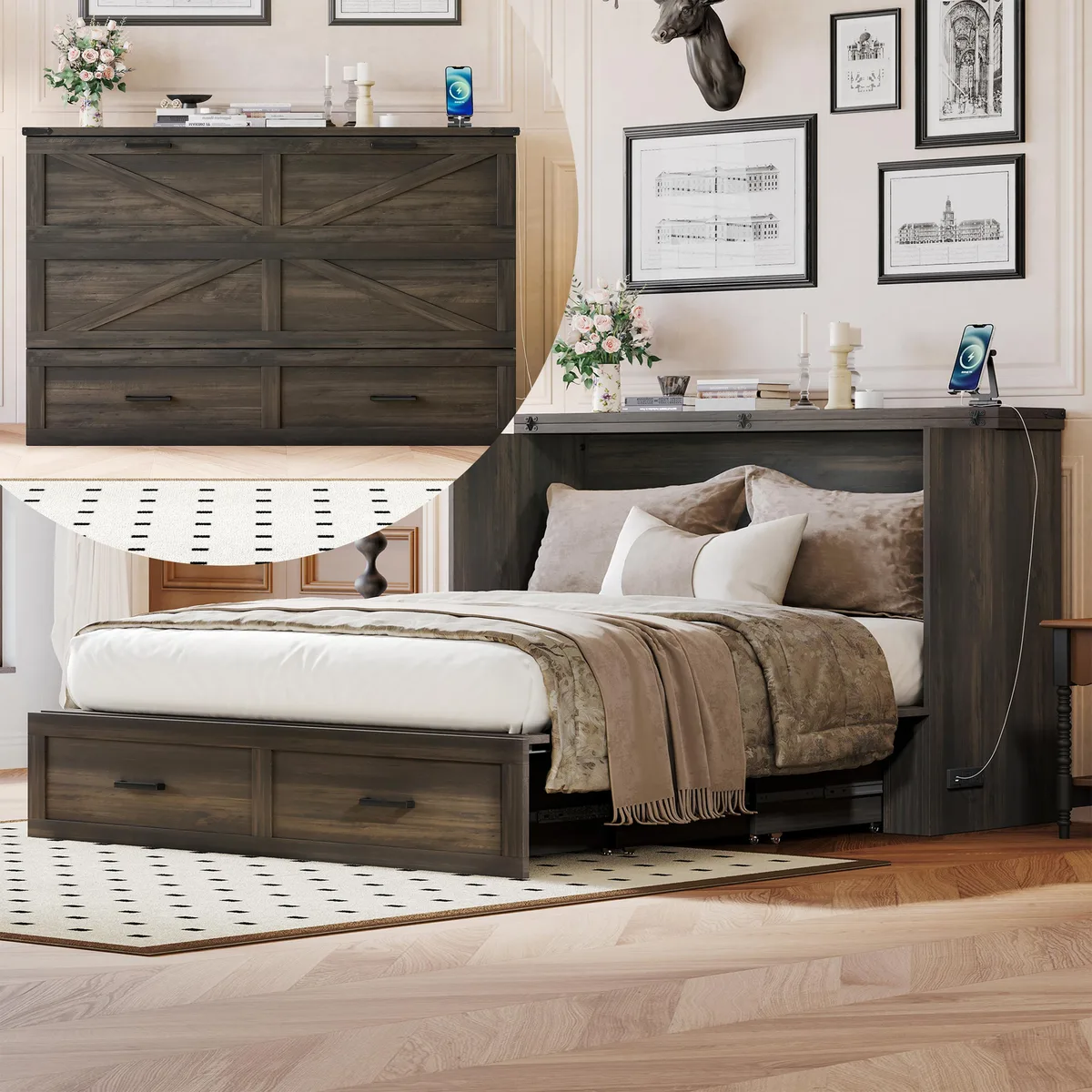 Rustic gray wooden cabinet bed folded into a tall cabinet with a storage drawer at the base