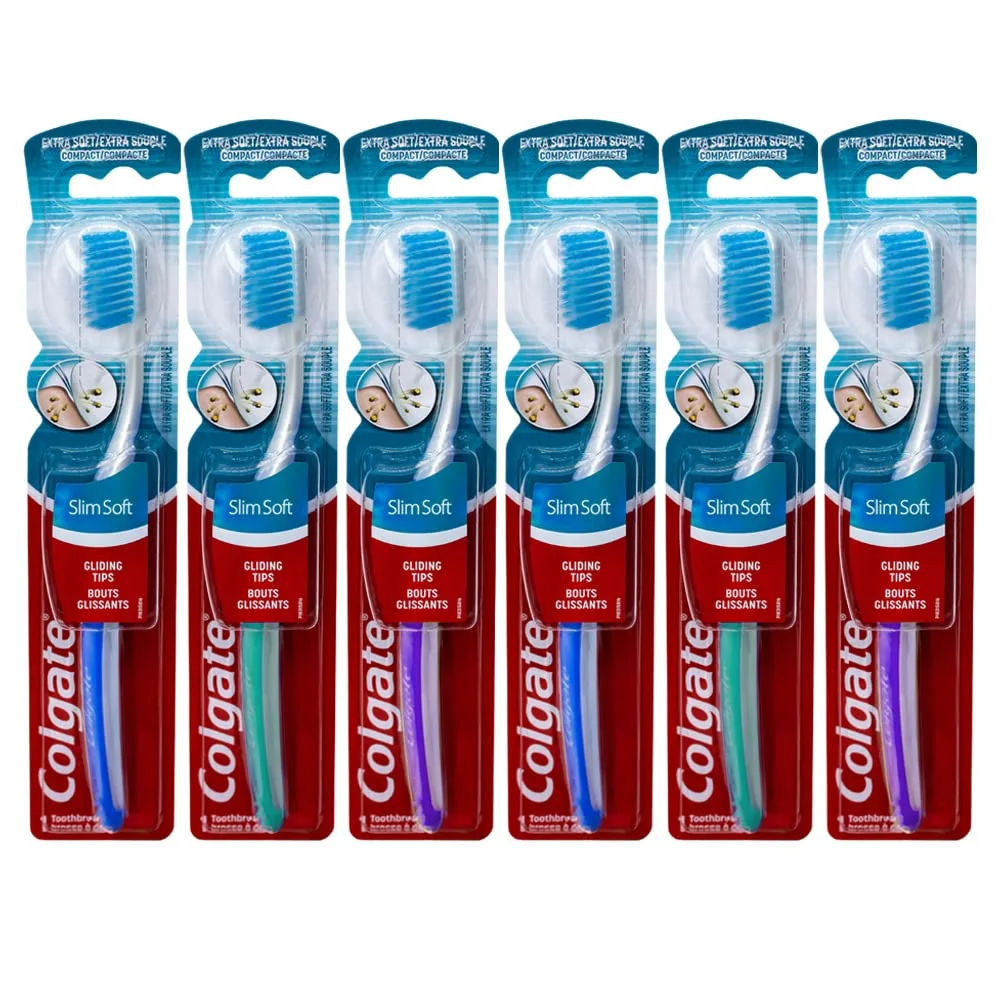 Six ultra-compact manual toothbrushes with extra-soft floss-tip bristles, multicoloured handles, pack of six