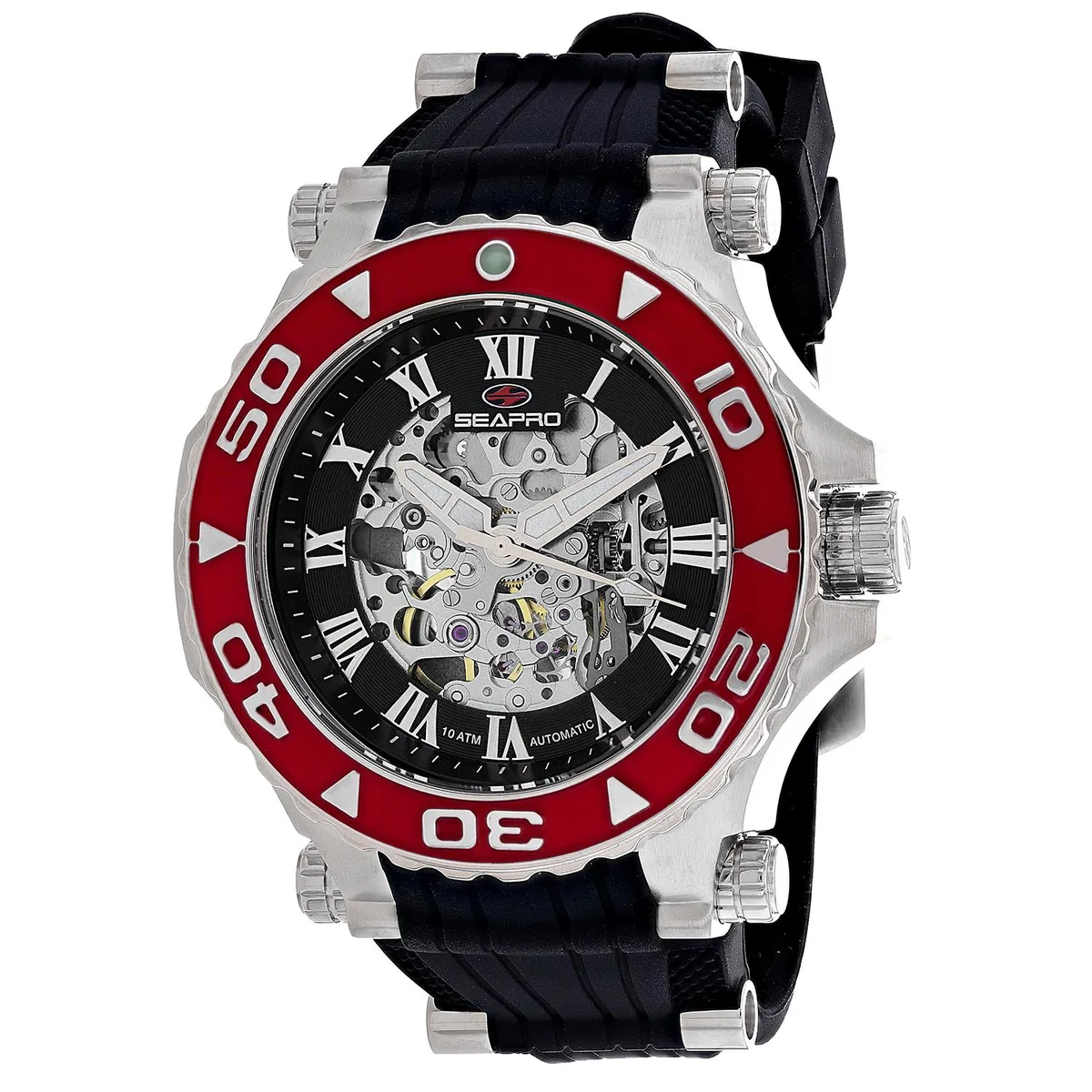 Stainless steel automatic watch with black dial and rubber strap