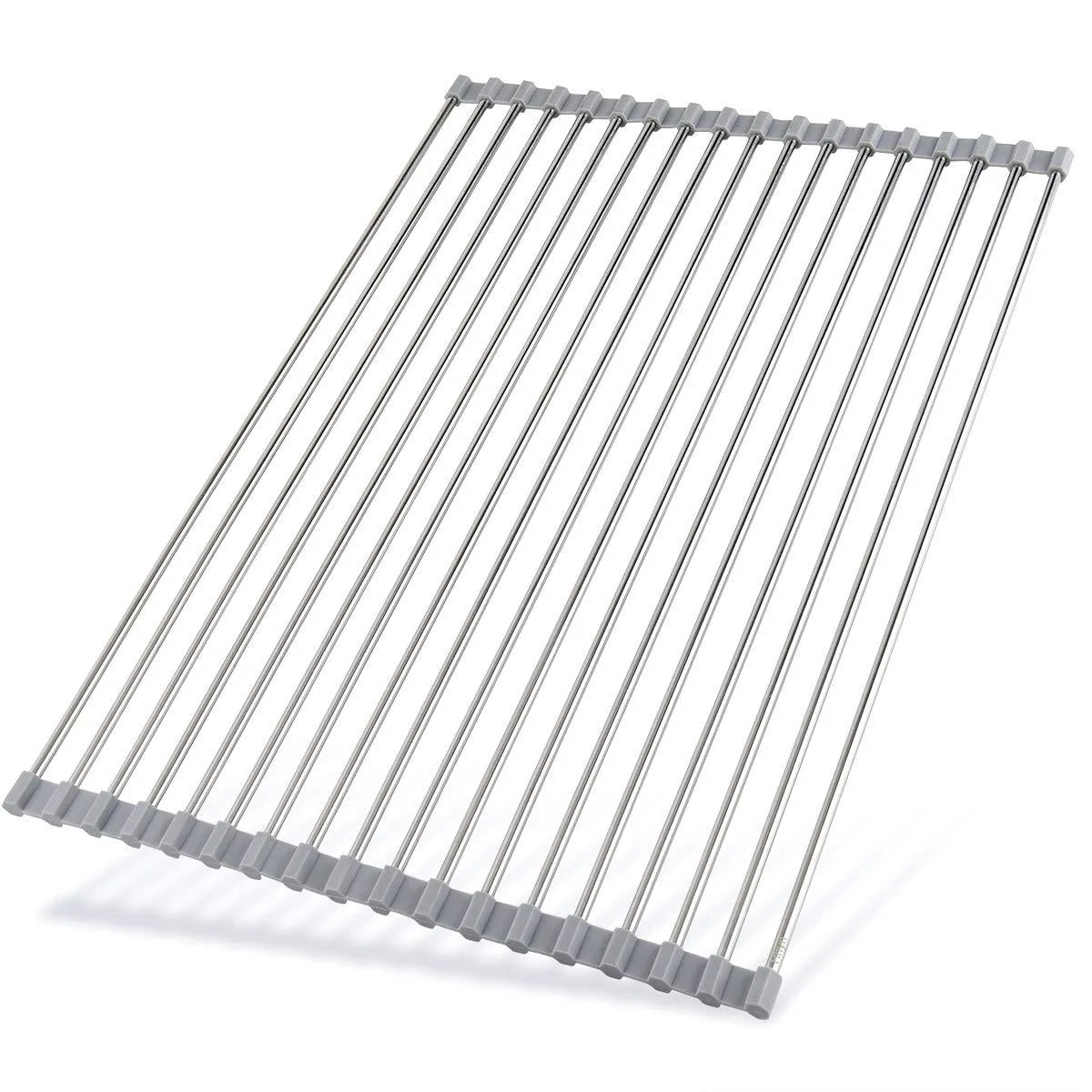 Gray roll-up rack of 18 stainless-steel tubes with silicone coating, 20.5 by 13.8 inches, folds flat