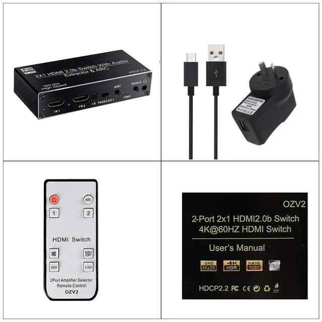YINGHUA YINGHUA 2x1 HDMI Switch Audio Extractor 4K 60Hz 5.1CH ARC AU power supply — product photo