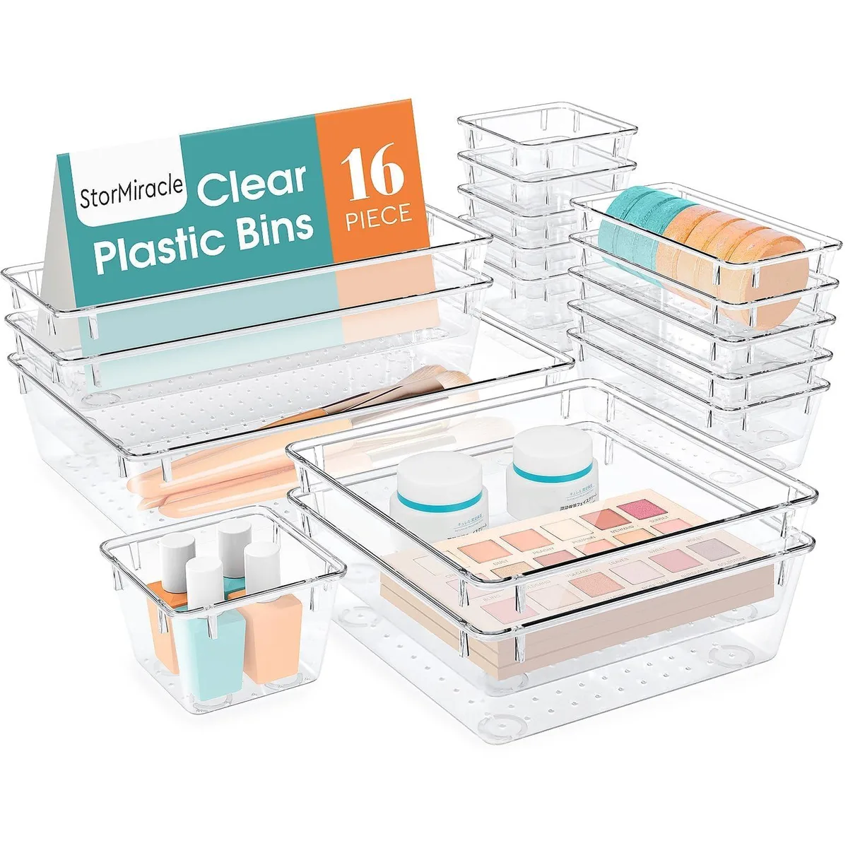 Sixteen clear polished plastic trays in five sizes, red branding