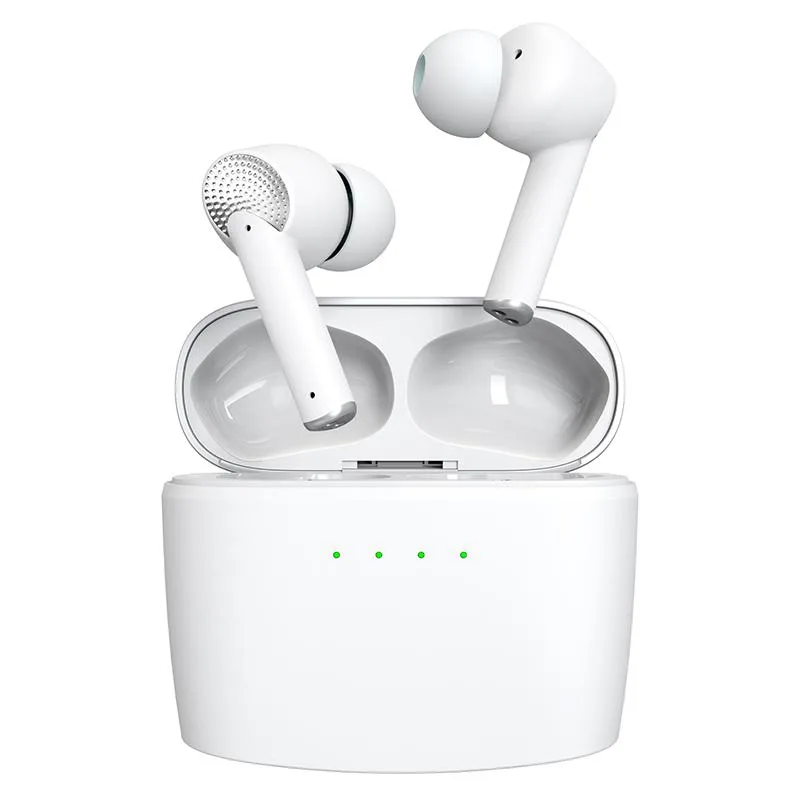 White wireless earbuds in a matching charging case