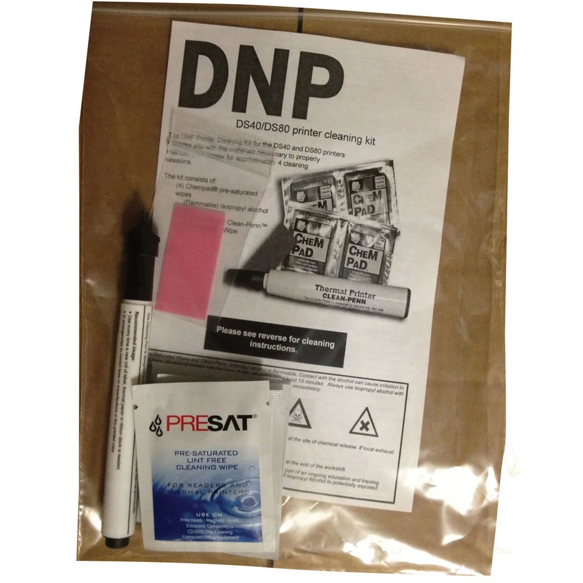 DNP print-head cleaning kit box with alcohol pads, cloth and marker