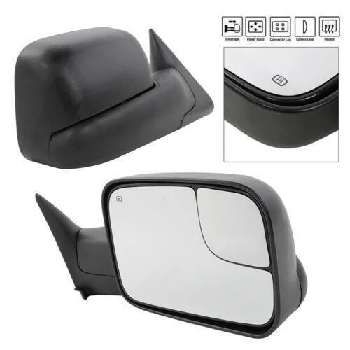 Pair of black textured ABS towing mirrors with brackets, power heated, manual fold
