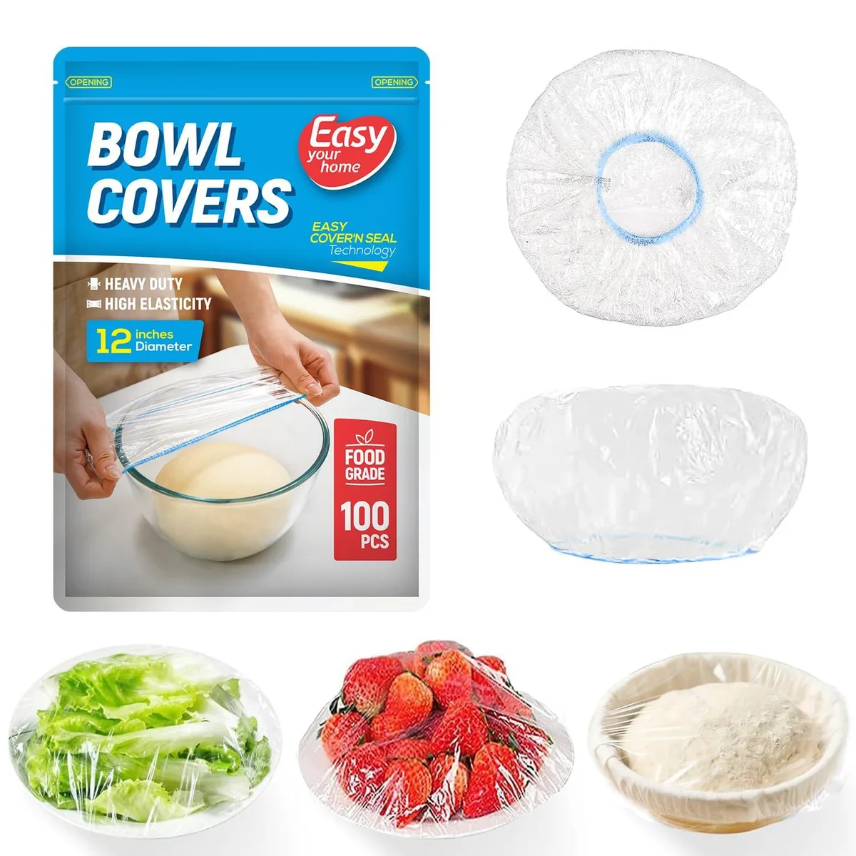 Transparent stretchable bowl cover with elastic rim shown on round container