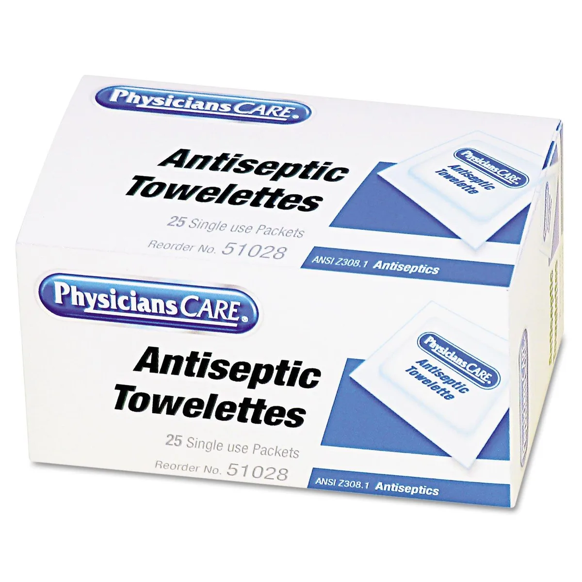 Rectangular cardboard box containing 25 individually wrapped antiseptic towelettes