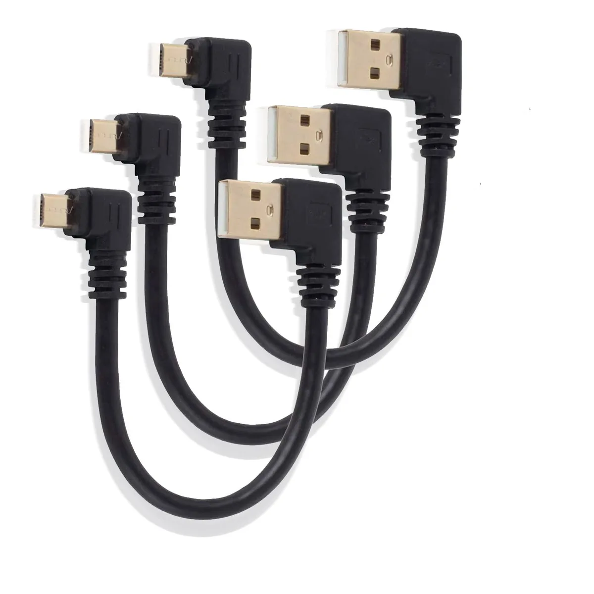 Three short right-angle USB to Micro USB cables with gold-plated connectors