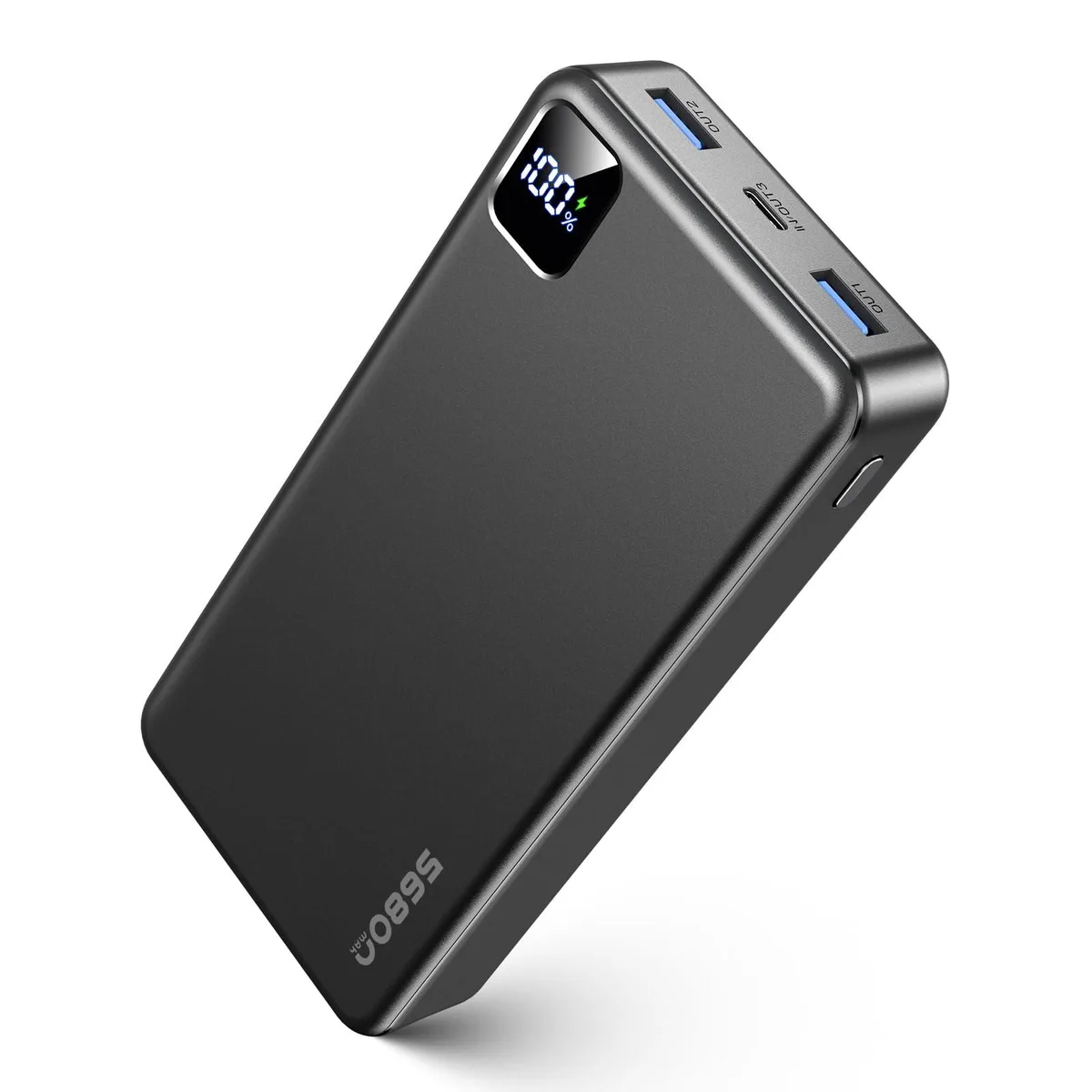 Black rectangular power bank 7.0 by 3.4 by 1.3 inches