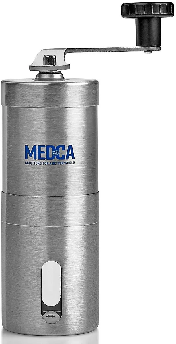 Silver stainless steel pill grinder with ceramic burr and large upper chamber