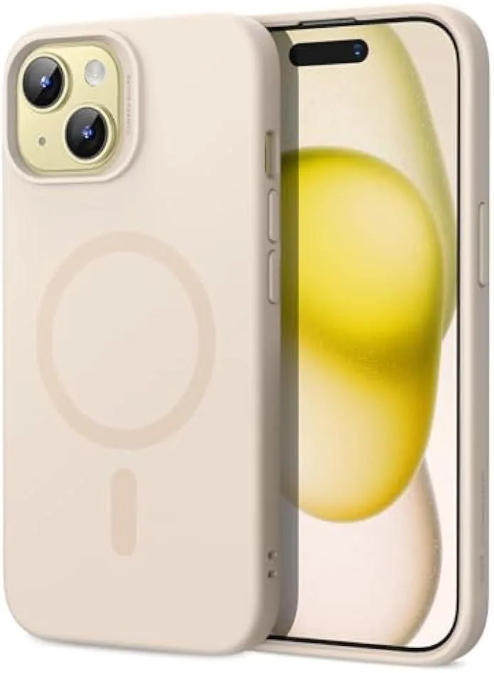 Light tan MagSafe case for iPhone 15 Plus with silicone finish and raised camera frame