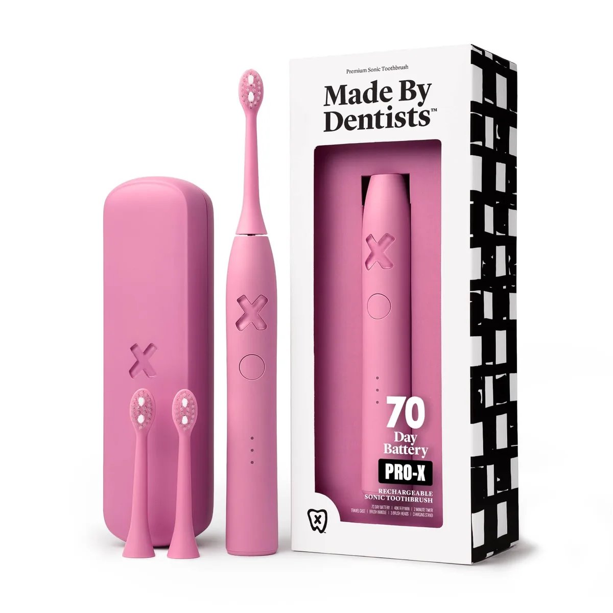 Pink sonic electric toothbrush with charging stand, travel case and three brush heads