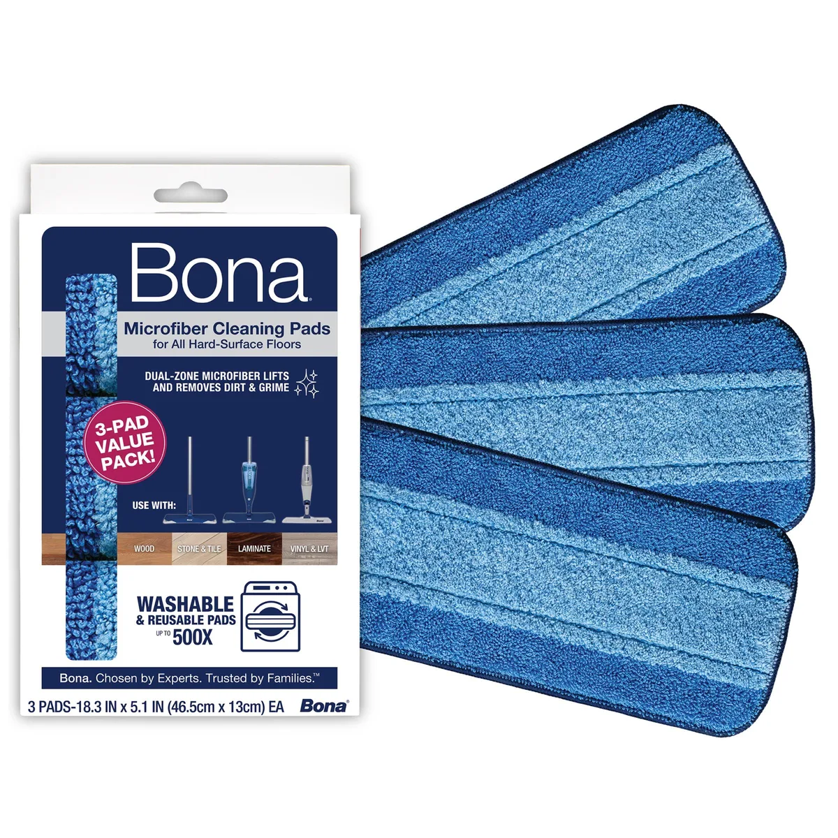Three rectangular microfiber pads light and dark blue fibers