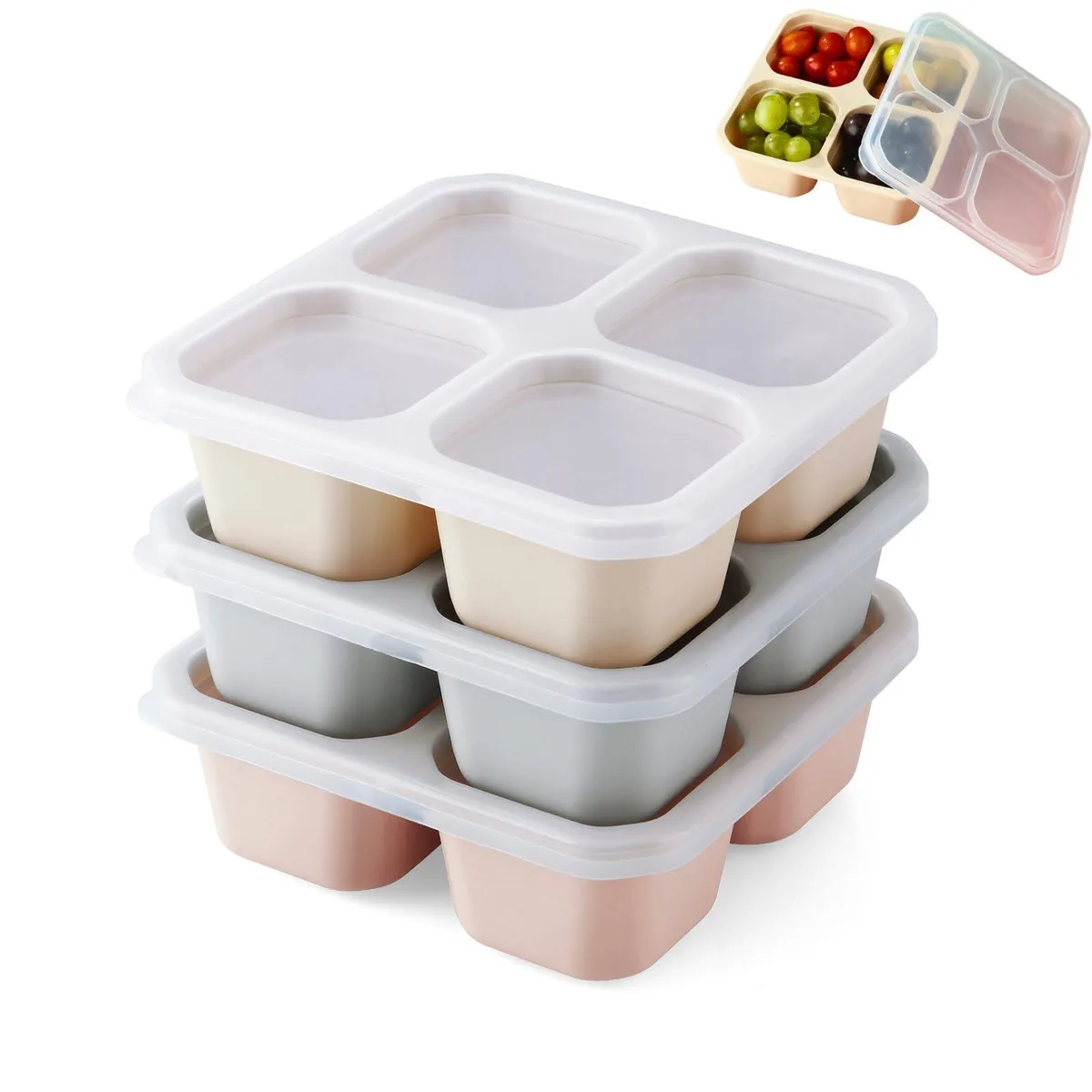 Three red silicone bento boxes with four compartments and lids