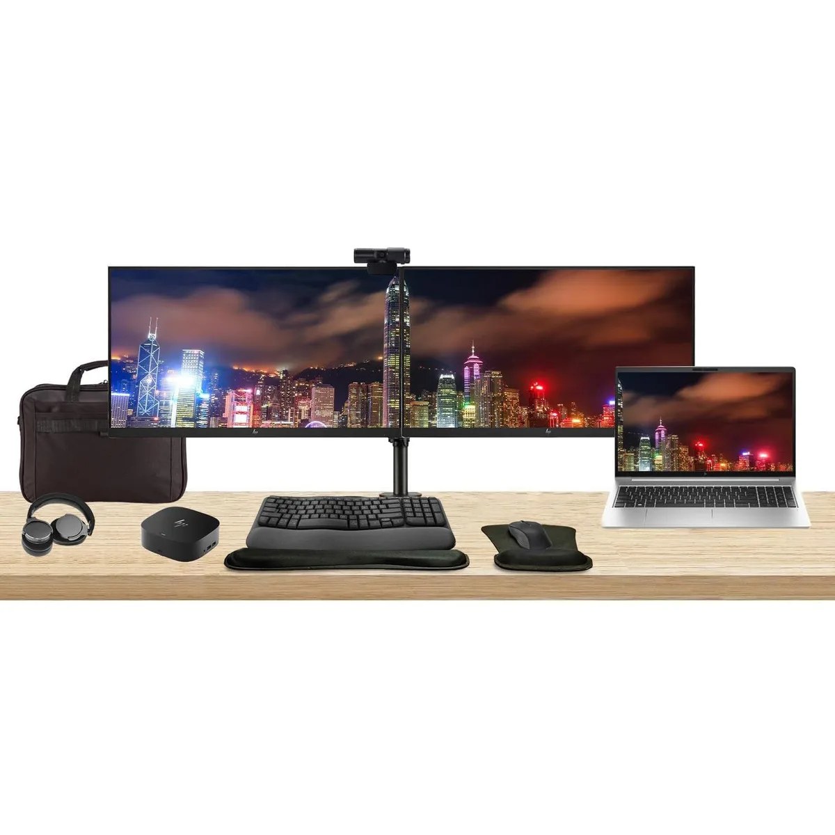 HP HP ProBook 450 G10 i5 16GB 256GB laptop with 2 x 24" monitors, dock, keyboard, mouse, webcam, headphones, bag — product photo