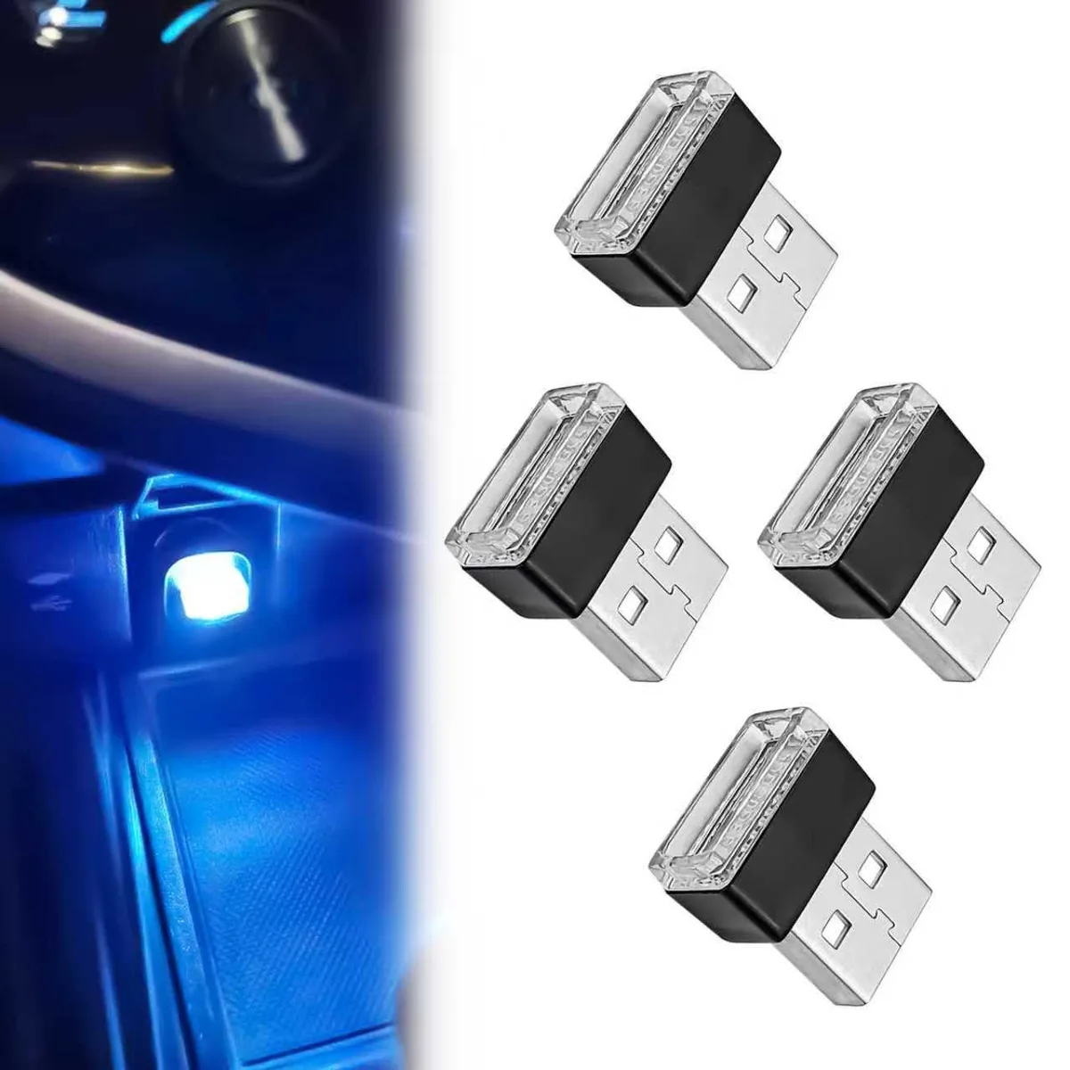Four small blue USB LED light sticks, each with a compact rectangular body and glossy finish