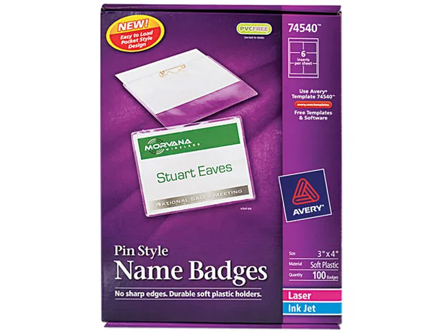 Avery Avery 74540 Pin-Style Badge Holders, Top Loading, White, 100/Box — product photo