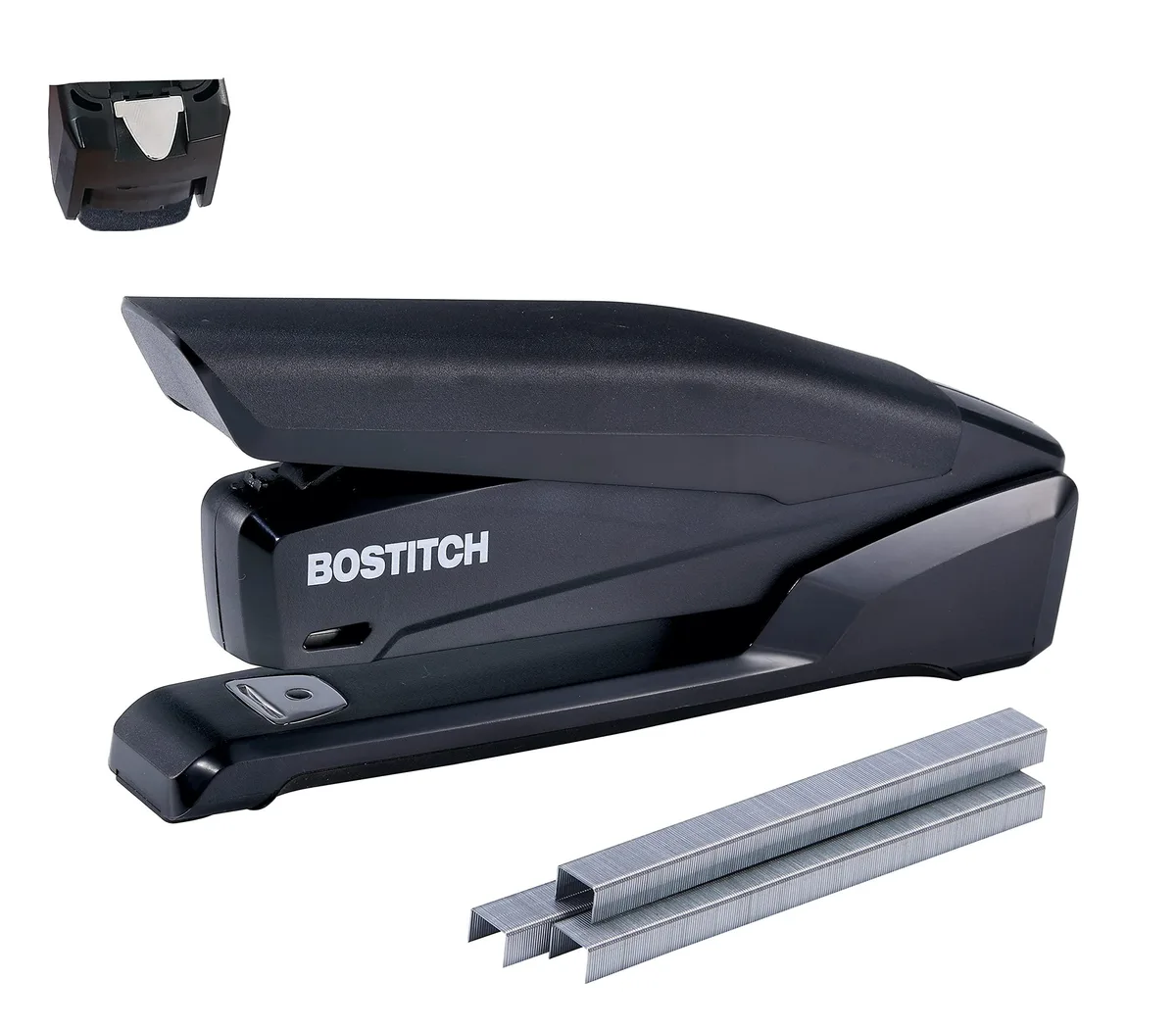 Black spring-powered stapler with rubber grip, opens 180 degrees